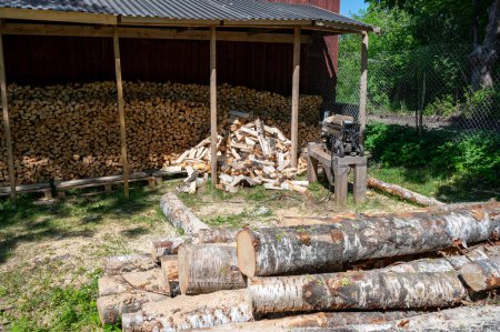 Lots of stacked firewood in Swedish garden May 2024