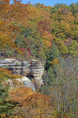 Téléchargez les photos : Des couleurs automnales entourent une crête rocheuse dans le Hocking Hills State Park en Ohio - en image libre de droit