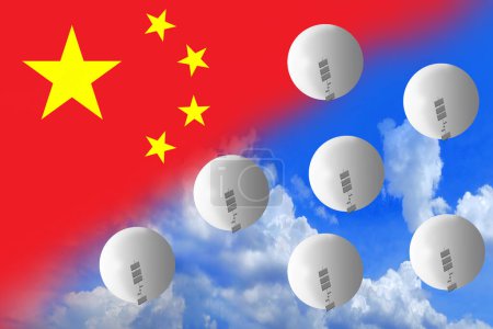 Photo for Chinese balloon incident 2023, balloons under in the sky  with flag of China, Spy balloon, violation airspace - Royalty Free Image