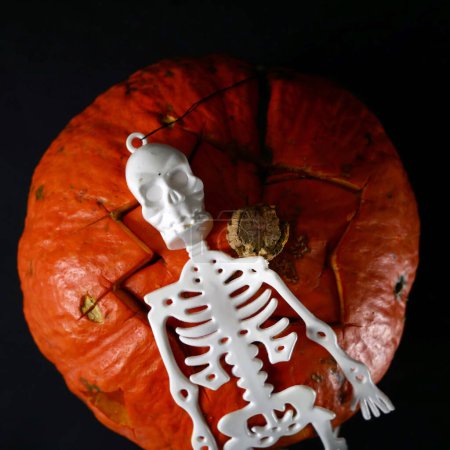 Foto de Divertidos esqueletos de halloween feliz y calabaza Jack O Linterna sobre fondo negro. Tarjeta de felicitación de Halloween, invitación a la fiesta de Halloween, el día de los Muertos, primer plano - Imagen libre de derechos