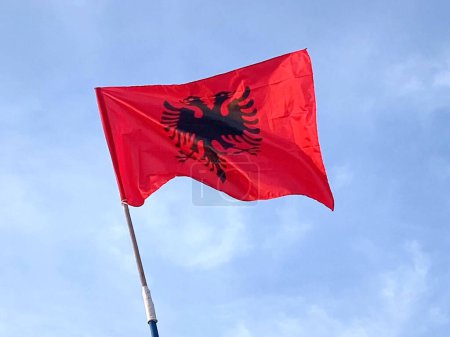 Red Albanian flag with double-headed black eagle flutters in the wind on blue sky background, Travel and tourism in Balkan concept, closeup