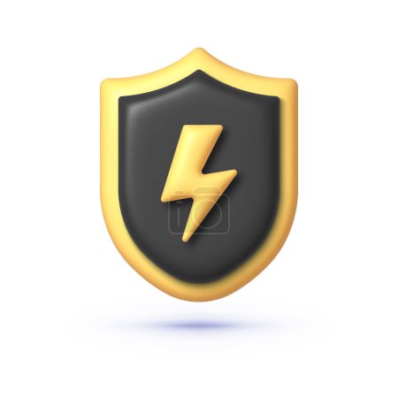 Illustration for 3d bolt shield icon on white background. Lightning bolt, electric power. 3d icon vector illustration. - Royalty Free Image
