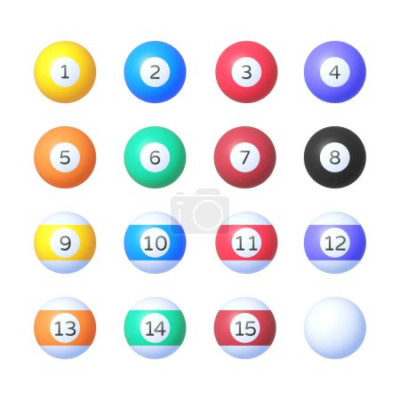 Realistic 3d ball billiard set for game background design. Isolated vector illustration.