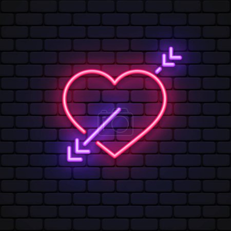 Illustration for Neon heart sign. Vector glowing valentine day holiday decoration love symbol. Electric bulb vintage retro banner. Vector illustration. - Royalty Free Image