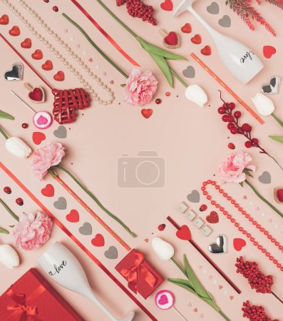 Photo for Heart shaped copy space with romantic elements. Valentine's day maximalist flat lay. Love, romance top view background. - Royalty Free Image