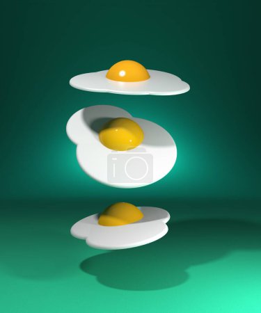 Fried eggs dropping on a green and teal background. Easter, cooking 3D illustration