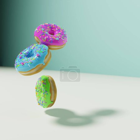 Foto de Rosquillas coloridas que caen sobre el fondo pastel. Dulce comida, desierto 3D render - Imagen libre de derechos