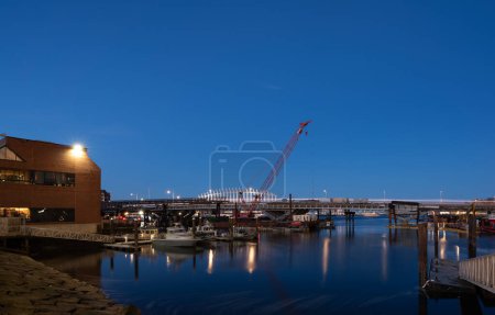 Photo for Boston MA, USA - March 8th, 2024 - The North Washington Street Bridge blue hour in the North End of Boston - Royalty Free Image
