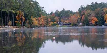 Téléchargez les photos : Un étang calme en Nouvelle-Angleterre reflète de belles couleurs d'automne par une matinée nuageuse brumeuse - en image libre de droit