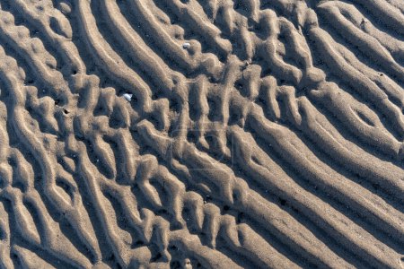 Téléchargez les photos : L'image est d'une plage de sable avec un motif d'ondulations et de rainures. La texture du sable est rugueuse et inégale, donnant l'impression d'une forme naturelle et organique - en image libre de droit