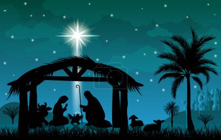 Scene of the Nativity of Jesus Christ. Christmas, the scene of Christmas. Christmas night.
