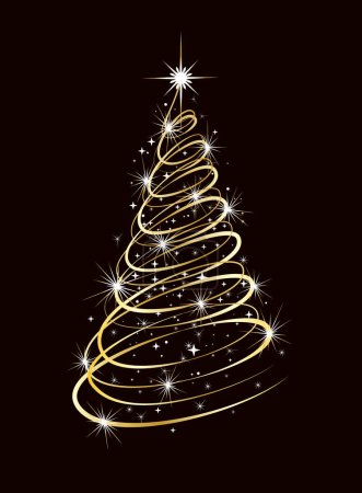 Illustration for Christmas tree in gold color with glowing lights on a dark background. - Royalty Free Image