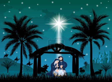 Illustration for Scene of the Nativity of Jesus Christ. Christmas. The Virgin Mary and Joseph bent over the manger with the baby. Christmas night. The Christmas star shines in the sky. Bethlehem. Three kings on camels. - Royalty Free Image