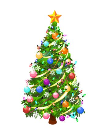 Téléchargez les illustrations : Arbre de Noël décoré de guirlandes, boules et flocons de neige, sur fond blanc. - en licence libre de droit