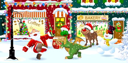Illustration for Happy Santa, dragon, deer, and snowman on a snowy street celebrating Christmas - Royalty Free Image