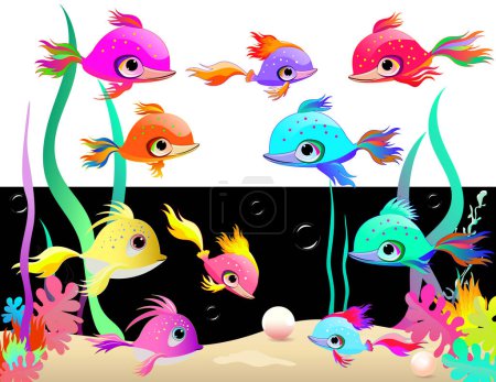 Téléchargez les illustrations : Poisson coloré dessin animé lumineux. Collection de beaux poissons colorés. Poissons sur fond d'algues et de perles. - en licence libre de droit