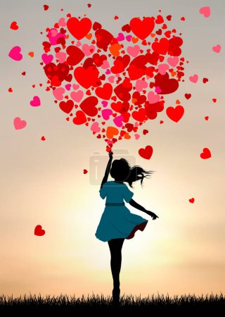 Illustration for Cartoon little girl with hearts against the background of the sky and the sun. A child with heart-shaped balloons. - Royalty Free Image