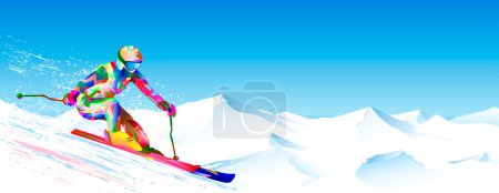 Un descenso rápido contra el telón de fondo del cielo y picos nevados. El atleta participa activamente en el esquí. Descenso y slalom. La figura de color brillante de un esquiador esquiando.                                                                      