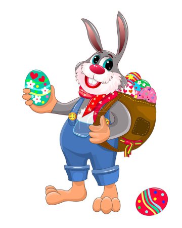 Cartoon rabbit with a bag filled with Easter eggs. Hare on a white background.