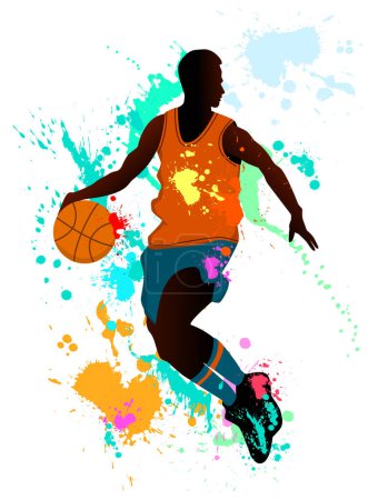 Silhouette of an athlete against the background of multi-colored spots and colorful splashes.