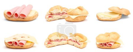 Photo for Set of delicious kaiser rolls with butter, ham and cheese isolated on white - Royalty Free Image