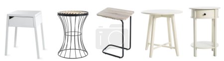 Photo for Collage of stylish bedside tables on white background - Royalty Free Image