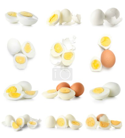 Téléchargez les photos : Ensemble de nombreux délicieux œufs durs isolés sur du blanc - en image libre de droit
