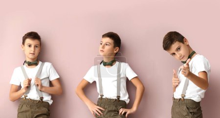 Collage eines stylischen kleinen Jungen mit Hosenträgern auf beigem Hintergrund