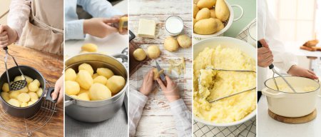 Collage with process of cooking tasty mashed potato in kitchen