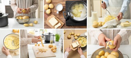 Collage mit Prozess der Zubereitung schmackhafter Kartoffelpüree in der Küche