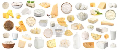 Group of tasty dairy products on white background