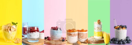 Téléchargez les photos : Ensemble de savoureux puddings de chia avec des fruits, des baies et des noix sur fond de couleur - en image libre de droit