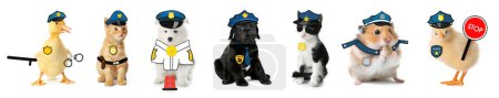 Photo for Cute animals dressed as police officers on white background - Royalty Free Image