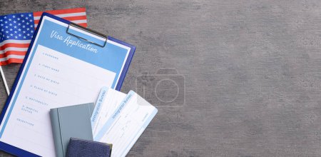 Photo for Banner with visa application form, documents and USA flag on table. Concept of immigration - Royalty Free Image