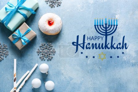 Photo for Greeting card with sufganiya for Hanukkah, gifts and Christmas decor - Royalty Free Image