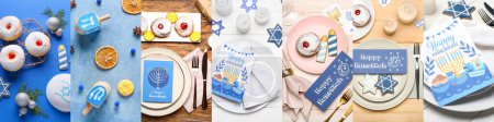 Photo for Collage with table setting and Hanukkah decor - Royalty Free Image