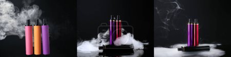 Photo for Collage of disposable electronic cigarettes with smoke on dark background - Royalty Free Image