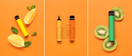 Collage of disposable electronic cigarettes with fruits on orange background