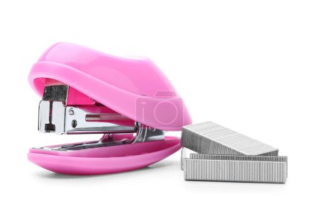 Pink stapler and staples on white background