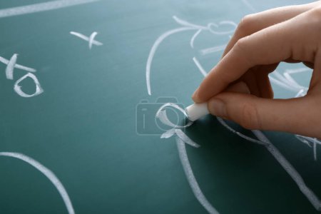 Photo for Woman drawing scheme of soccer game on green chalkboard, closeup - Royalty Free Image