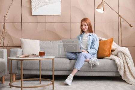 Photo for Beautiful woman using laptop on grey sofa at home - Royalty Free Image