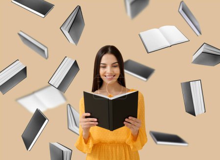Young woman and many flying books on beige background