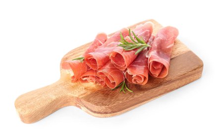 Photo for Wooden board with slices of delicious ham on white background - Royalty Free Image