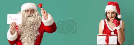 Téléchargez les photos : Bannière avec belle jeune femme et homme habillé en Père Noël sur fond vert - en image libre de droit