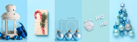 Téléchargez les photos : Collage festif de symboles de Noël sur fond bleu - en image libre de droit