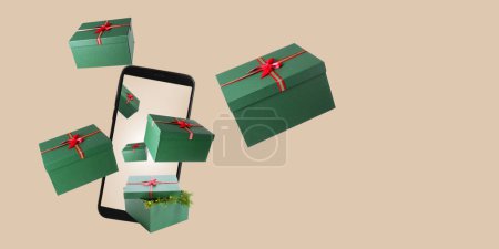 Téléchargez les photos : Téléphone portable volant avec cadeaux sur fond beige - en image libre de droit