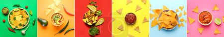 Téléchargez les photos : Collage de nachos croquants avec des plats savoureux sur fond de couleur - en image libre de droit