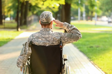 Téléchargez les photos : Jeune soldat en fauteuil roulant saluant à l'extérieur, vue arrière - en image libre de droit
