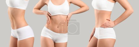Photo for Collage of young woman in underwear on grey background. Concept of cellulite - Royalty Free Image