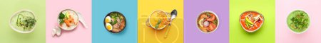 Photo for Collage of tasty traditional soups on color background - Royalty Free Image